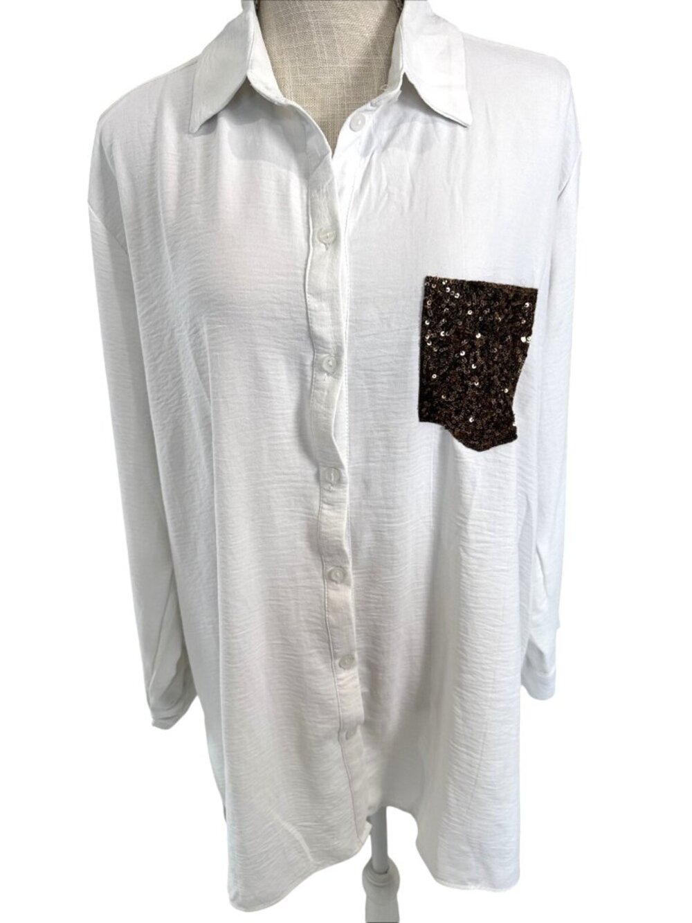 Misia White Collared Long Sleeve Button-Down Shirt With Brown Sequin Pocket XL